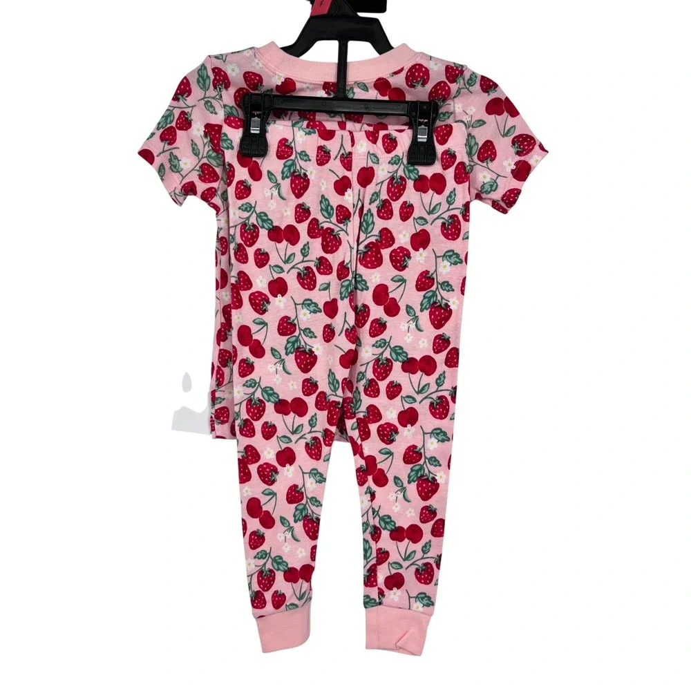 Pink Strawberry Cherry Print Pajamas Girls 2T Snug Fit 2pc Set Springtime Cute‎